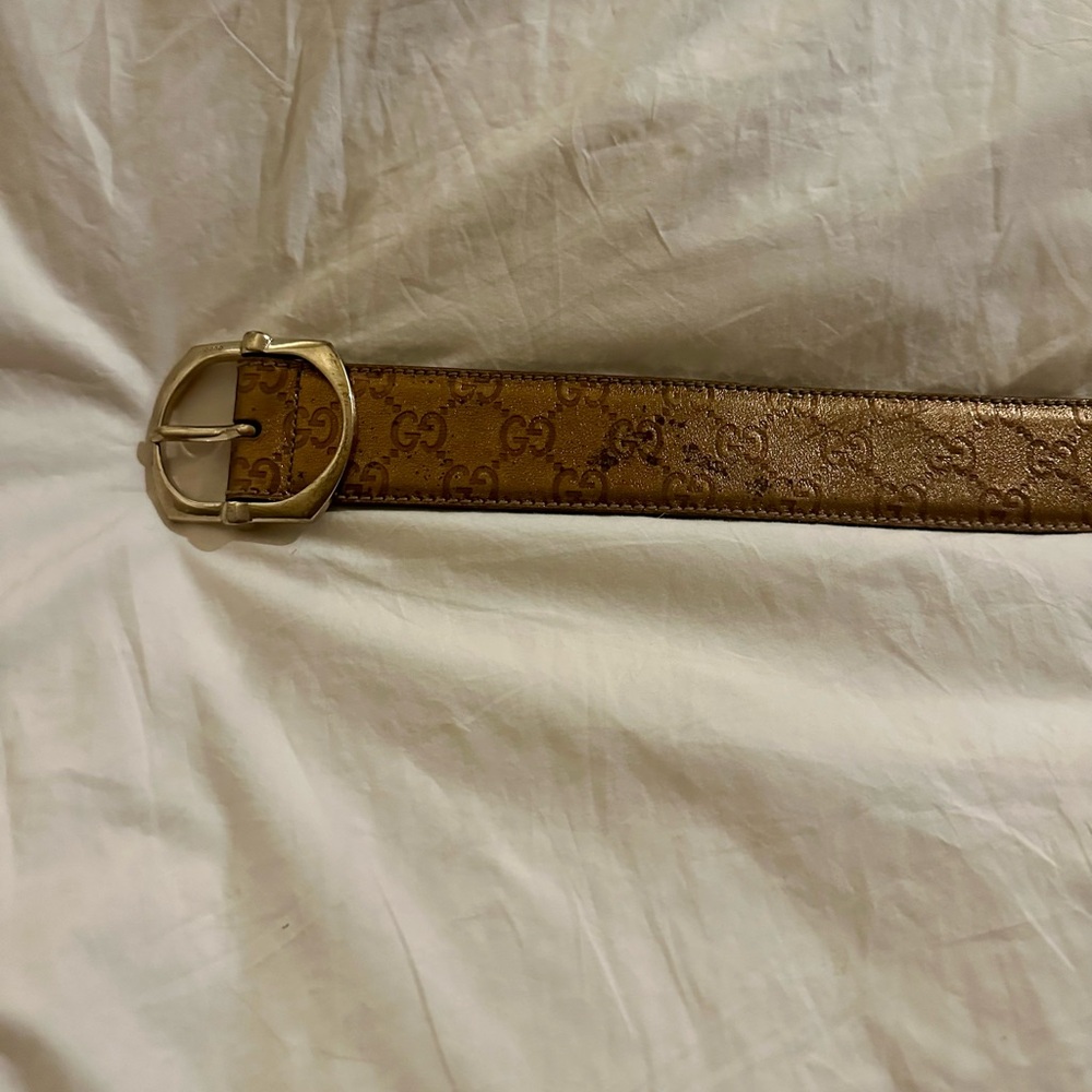 Gucci Bronze Metallic Guccissima Monogram Leather Belt Sz 85/34" Italy Authentic